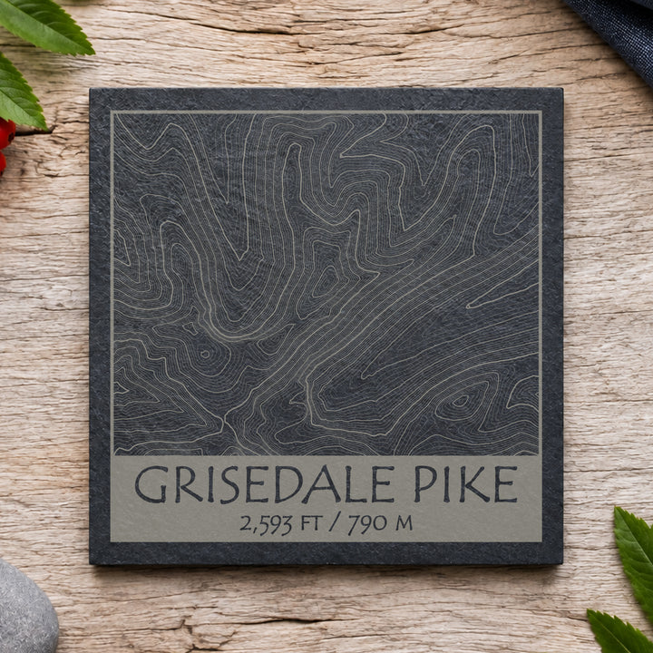 Grisedale Pike topographic slate coaster on blue-grey stone with heather and map details