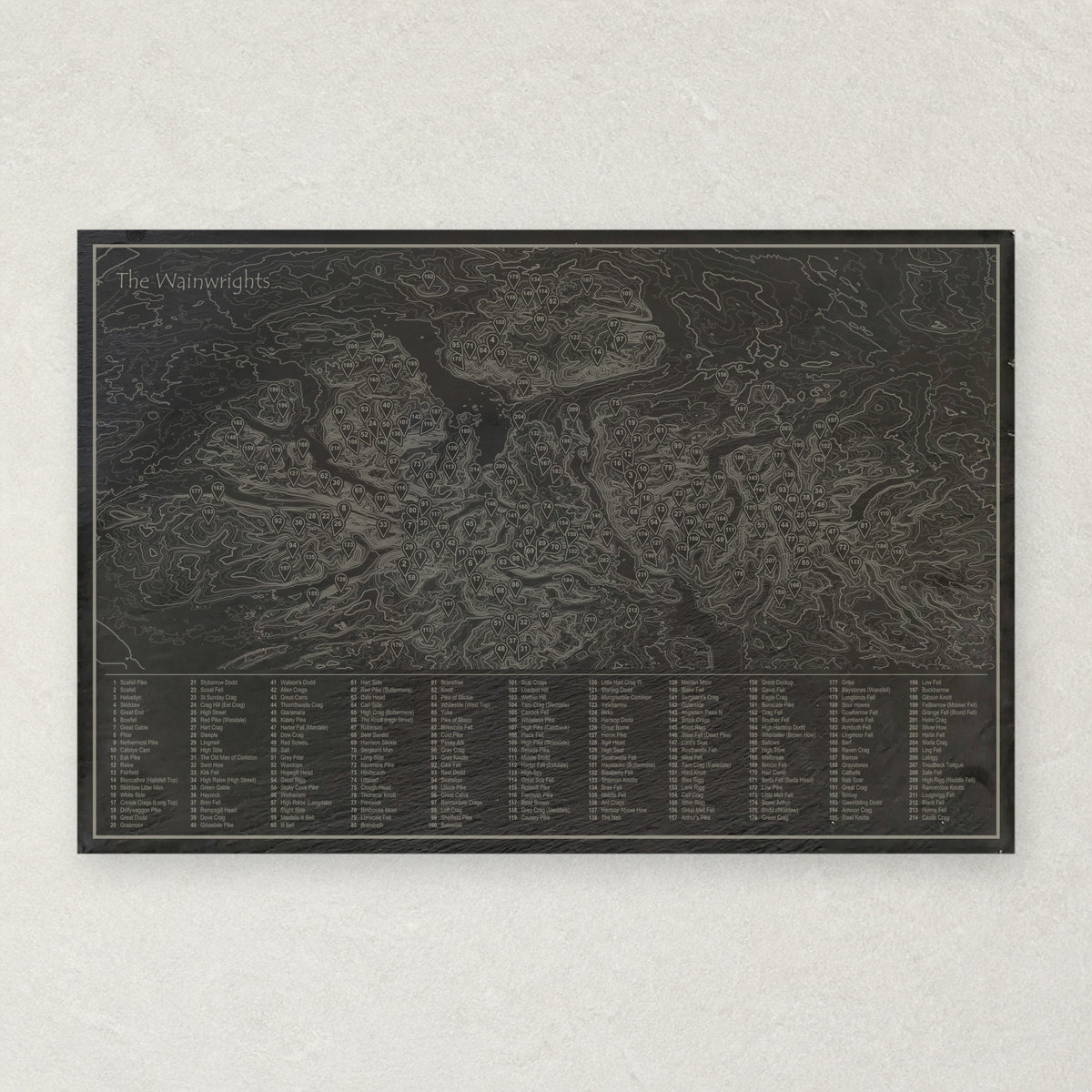 Natural slate placemat engraved with a contour map of the Lake District, all 214 Wainwright fells numbered and listed in a key, titled The Wainwrights