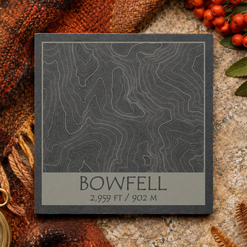 Bowfell topographic slate coaster on warm stone with orange rowan berries and green leaves