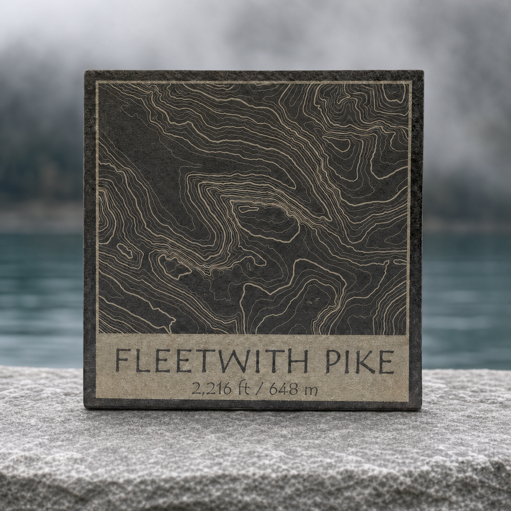 Rendered Fleetwith Pike contour-map design on a square natural slate coaster on a weathered stone ledge with a misty blue-green background