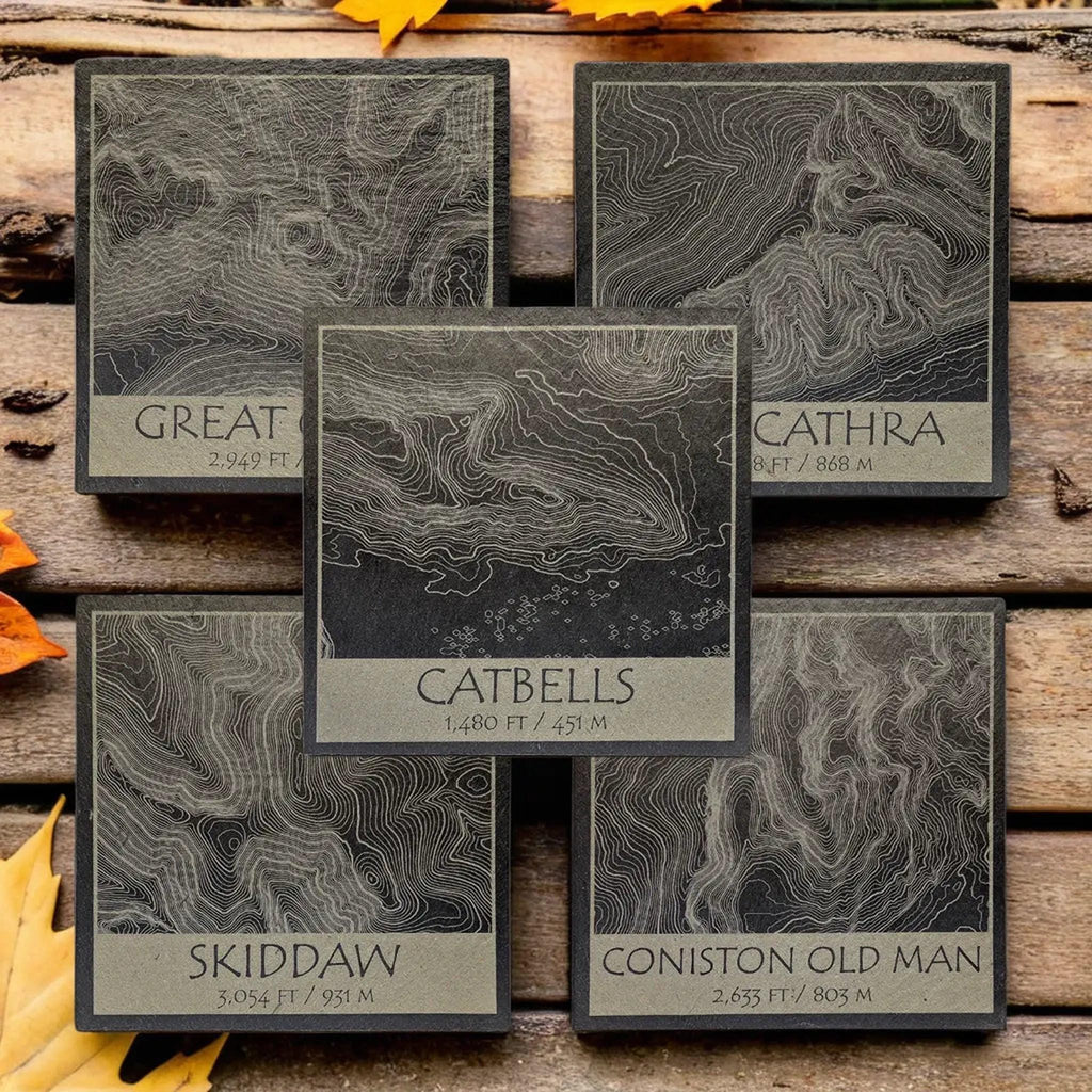 Five Lake District topographic slate coaster designs arranged on weathered wood with autumn leaves