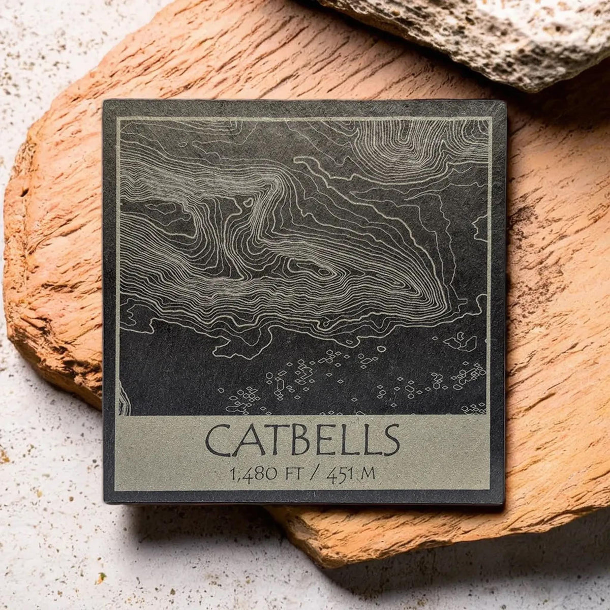 Catbells contour-map design engraved on a square natural slate coaster