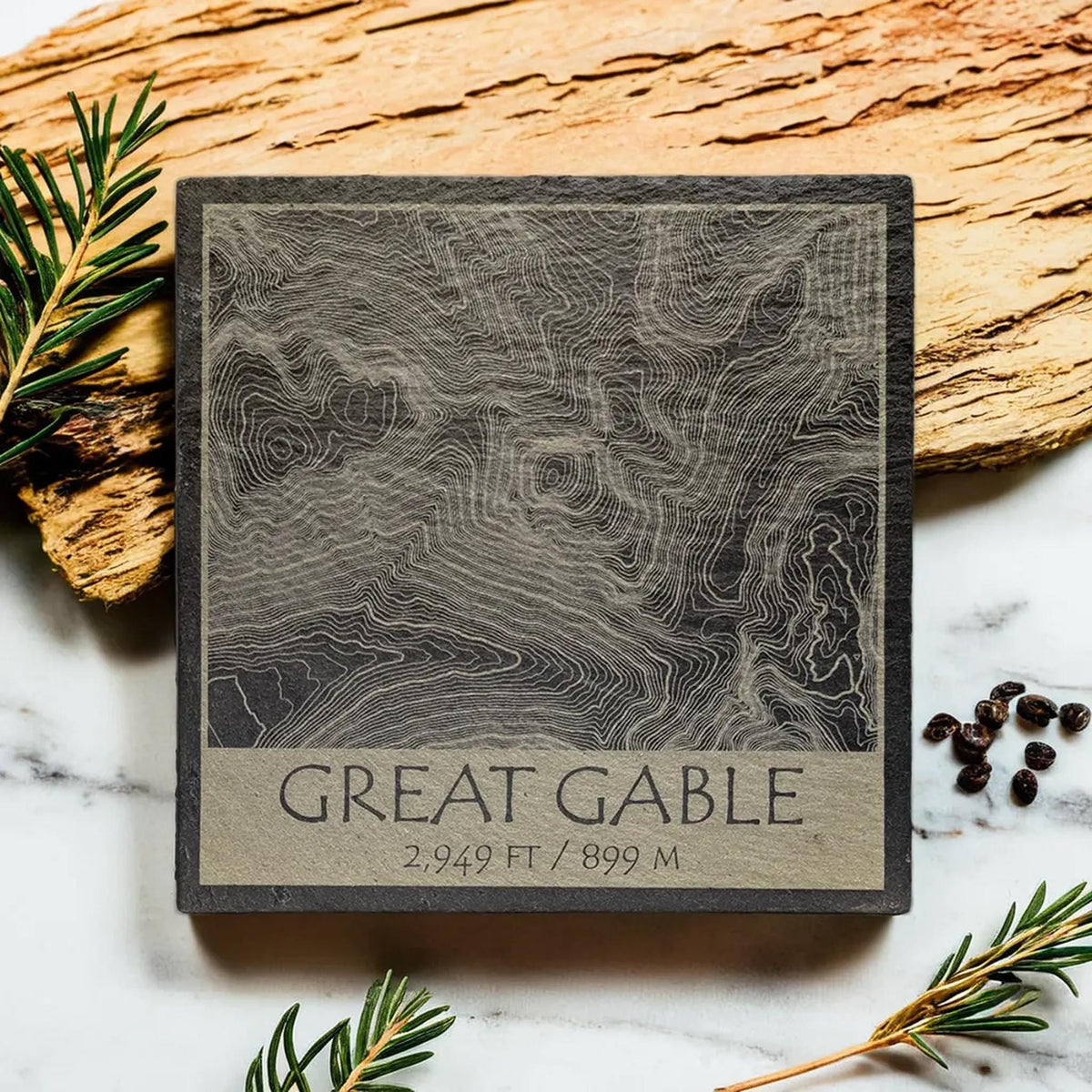 Great Gable contour-map design engraved on a square natural slate coaster