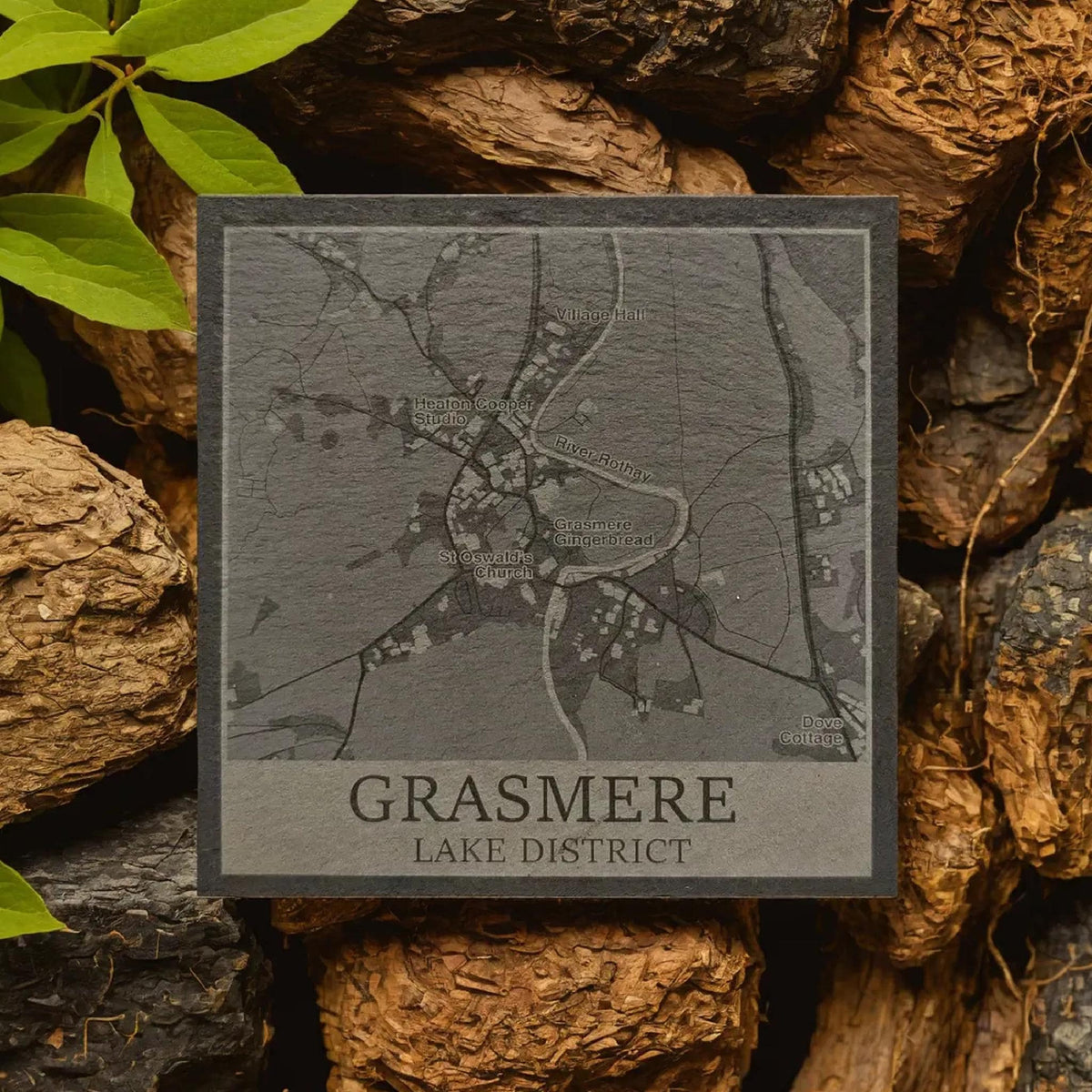 Grasmere street-map design engraved on a square natural slate coaster