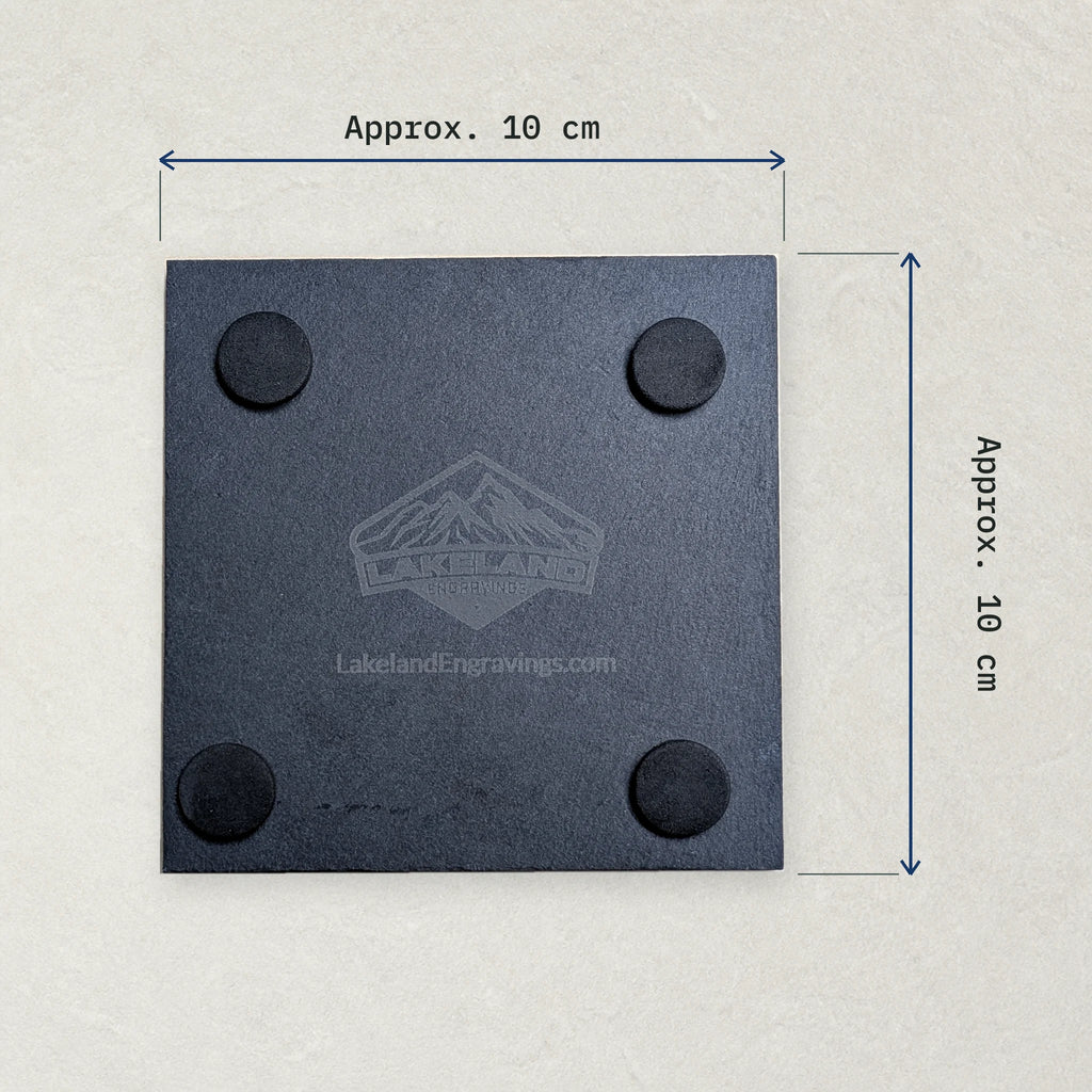 Underside of a square natural slate coaster with arrows showing an approximate 10 cm width and height