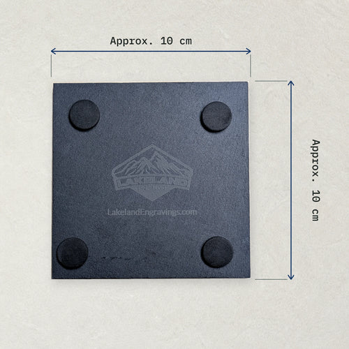 Underside of a square natural slate coaster with arrows showing an approximate 10 cm width and height